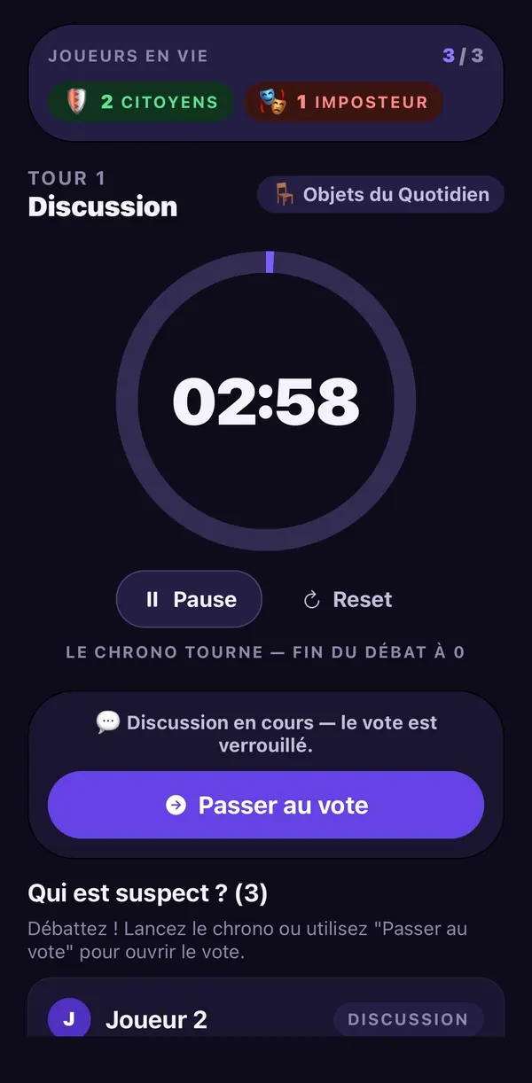 Phase de discussion : chrono circulaire à 02:58, compteur 2 Citoyens et 1 Imposteur, bouton Passer au vote.